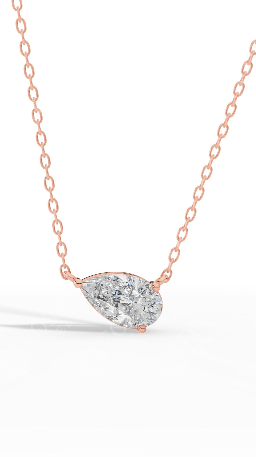 East West Solitaire Pear Cut Necklace In With Chain 14K Rose Gold 2.2 CTW