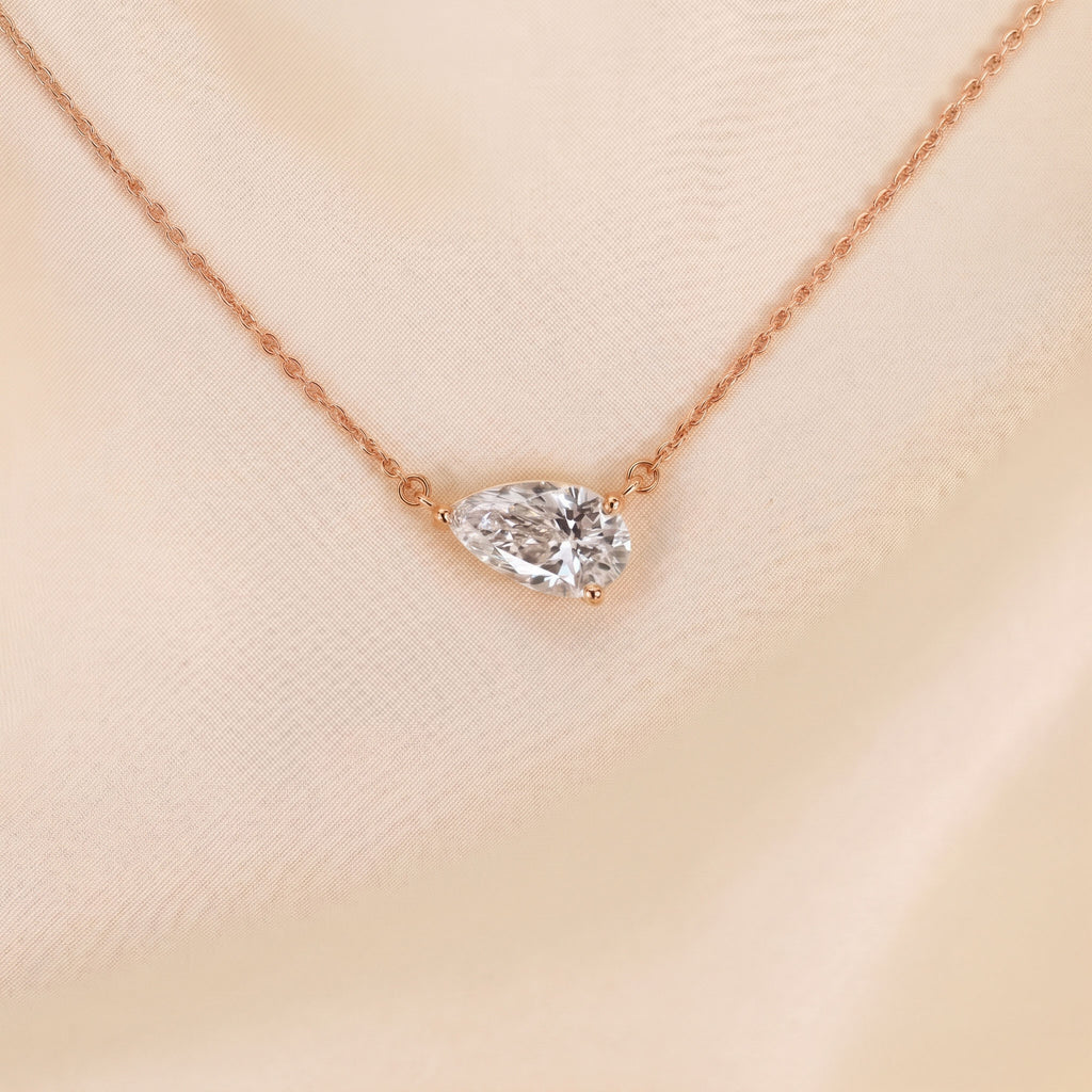 East West Solitaire Pear Cut Necklace In With Chain 14K Rose Gold 2 CTW