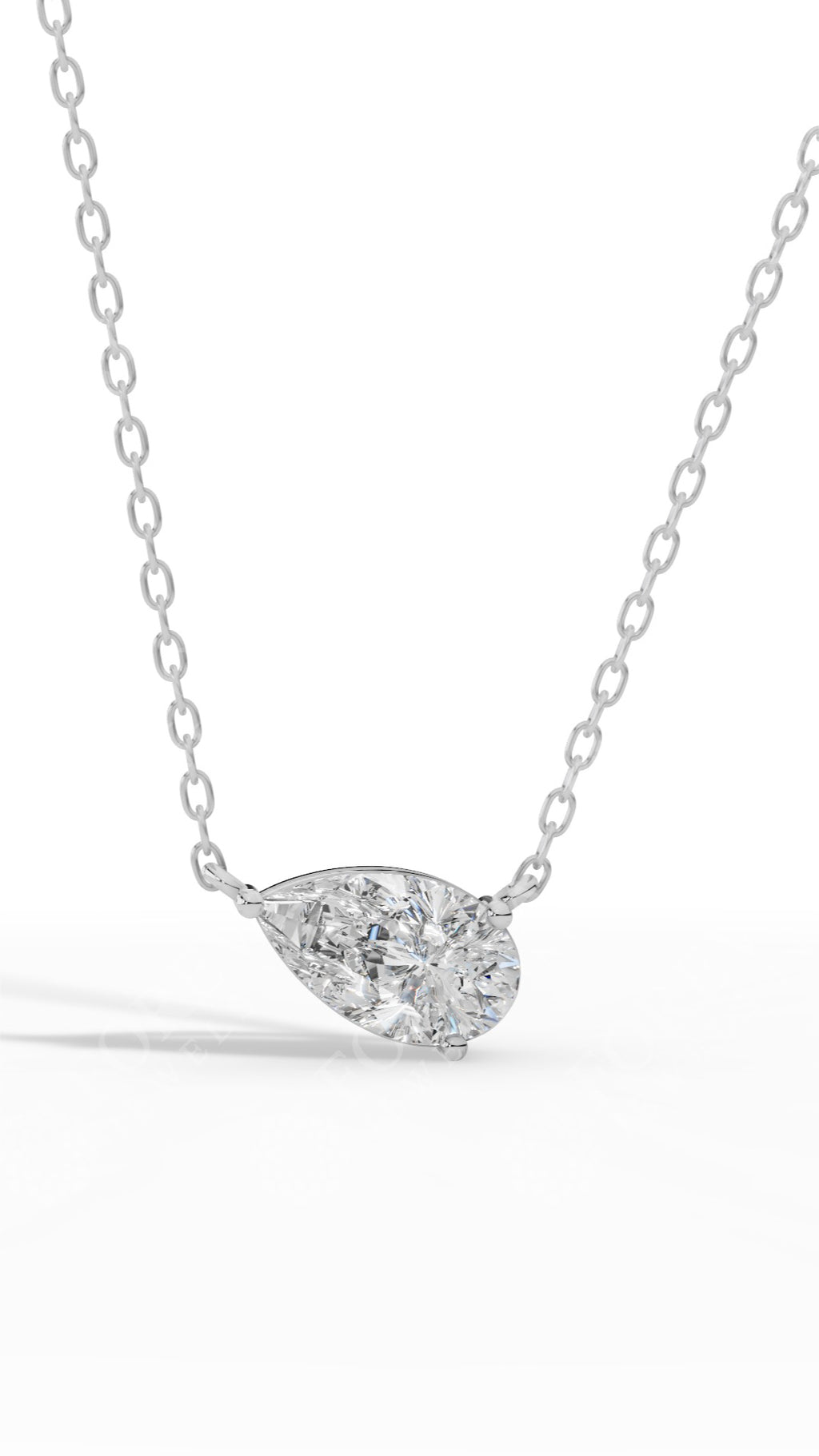 East West Solitaire Pear Cut Necklace In With Chain 14K White Gold 2.2 CTW