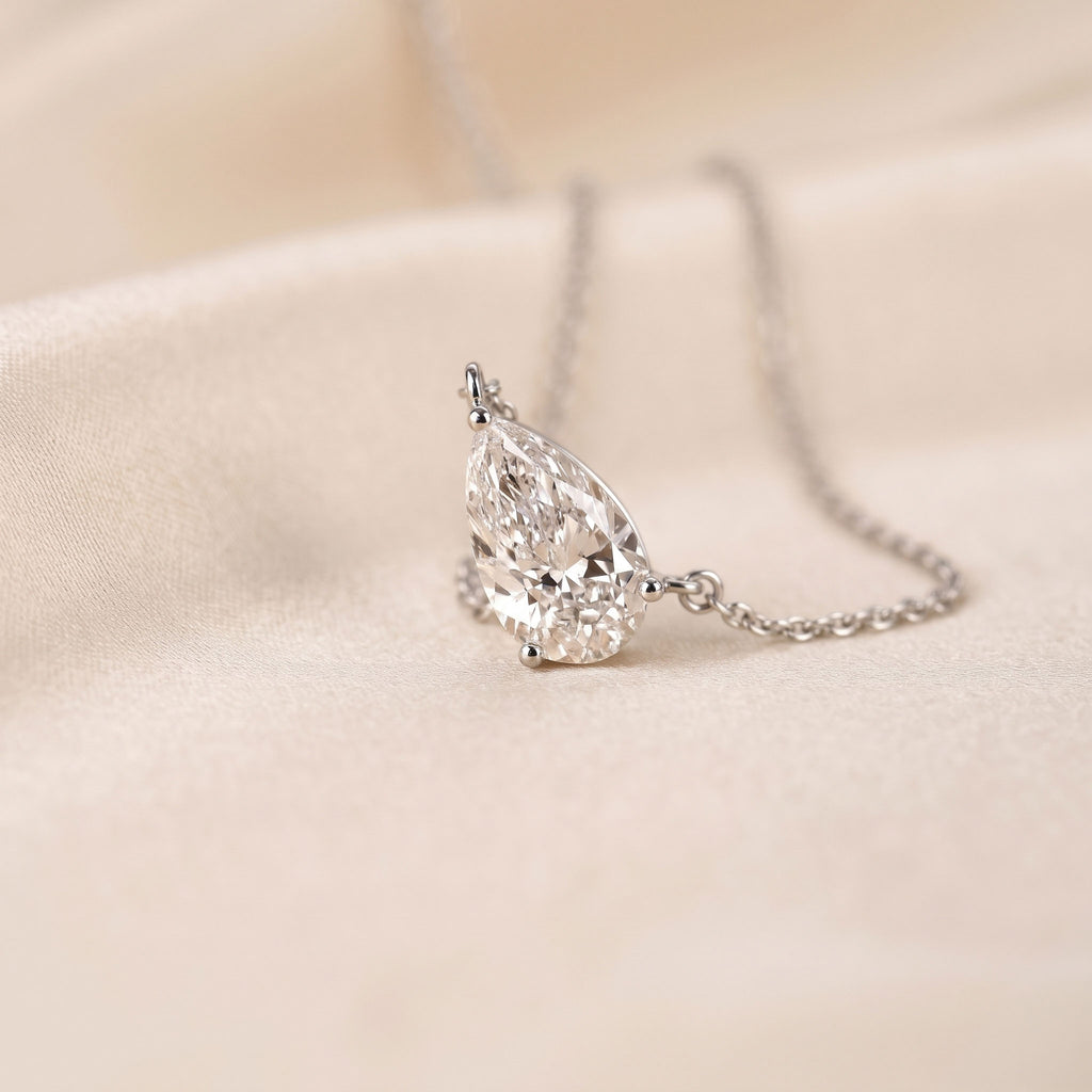 East West Solitaire Pear Cut Necklace In With Chain 14K White Gold 2 CTW