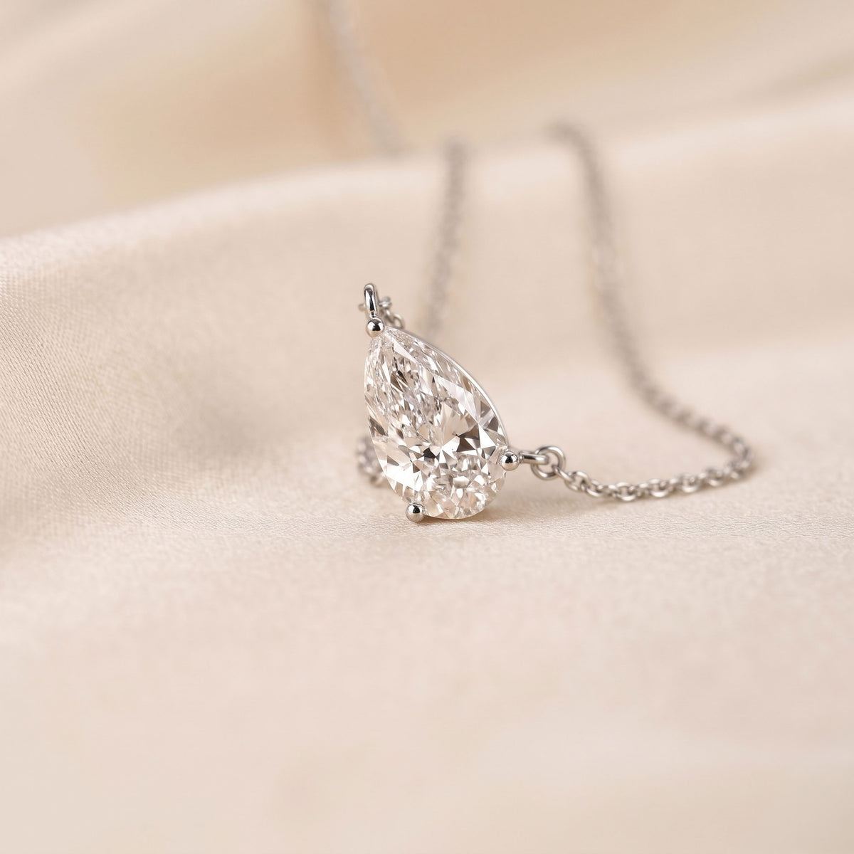 East West Solitaire Pear Cut Necklace In With Chain 14K White Gold 2 CTW