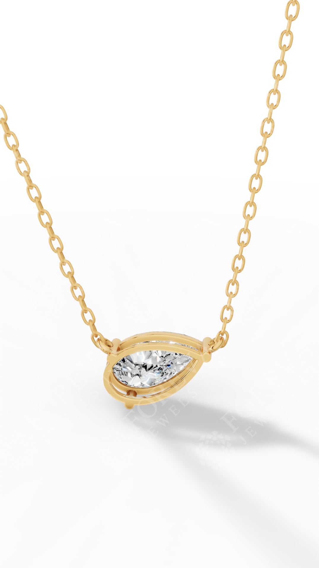 East West Solitaire Pear Cut Necklace In With Chain 14K Yellow Gold 2.2 CTW