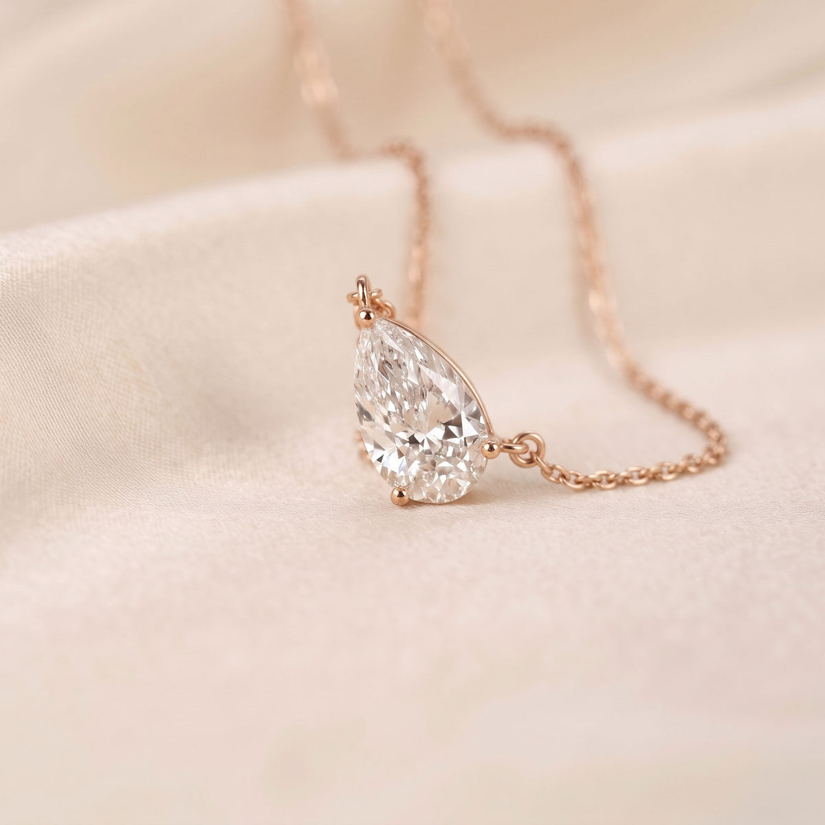 East-West Pear Lab Grown Diamond Solitaire Necklace with Chain in 18K Rose Gold 2 CTW, view 2