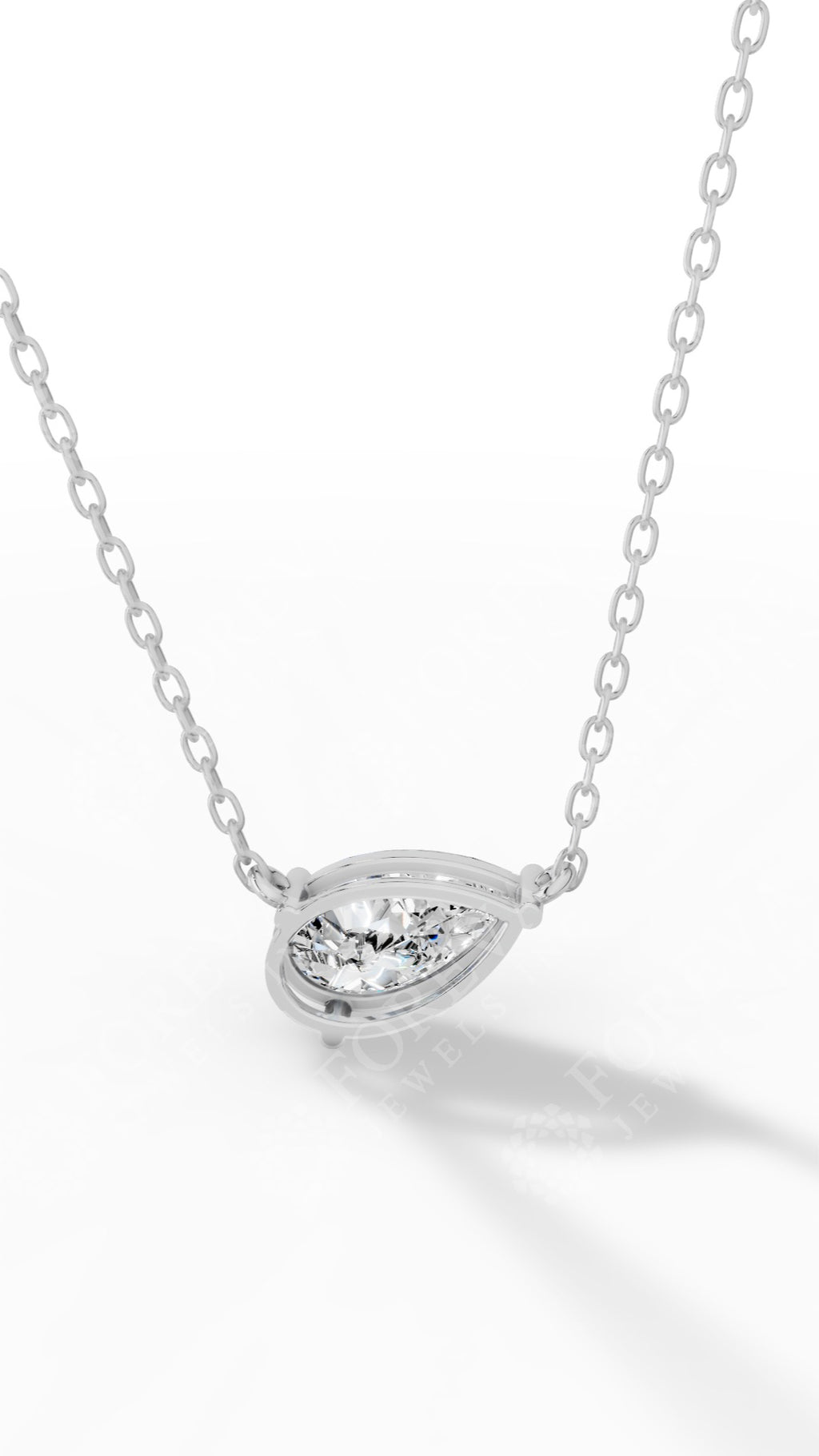 East West Solitaire Pear Cut Necklace In With Chain 18K White Gold 2.2 CTW