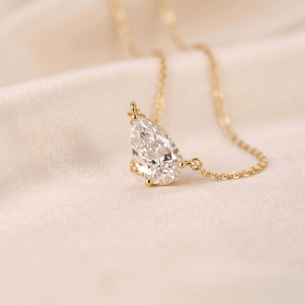 East West Solitaire Pear Cut Necklace In With Chain 18K Yellow Gold 2 CTW