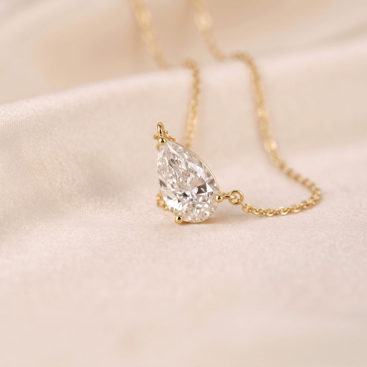 East West Solitaire Pear Cut Necklace In With Chain 18K Yellow Gold 2 CTW