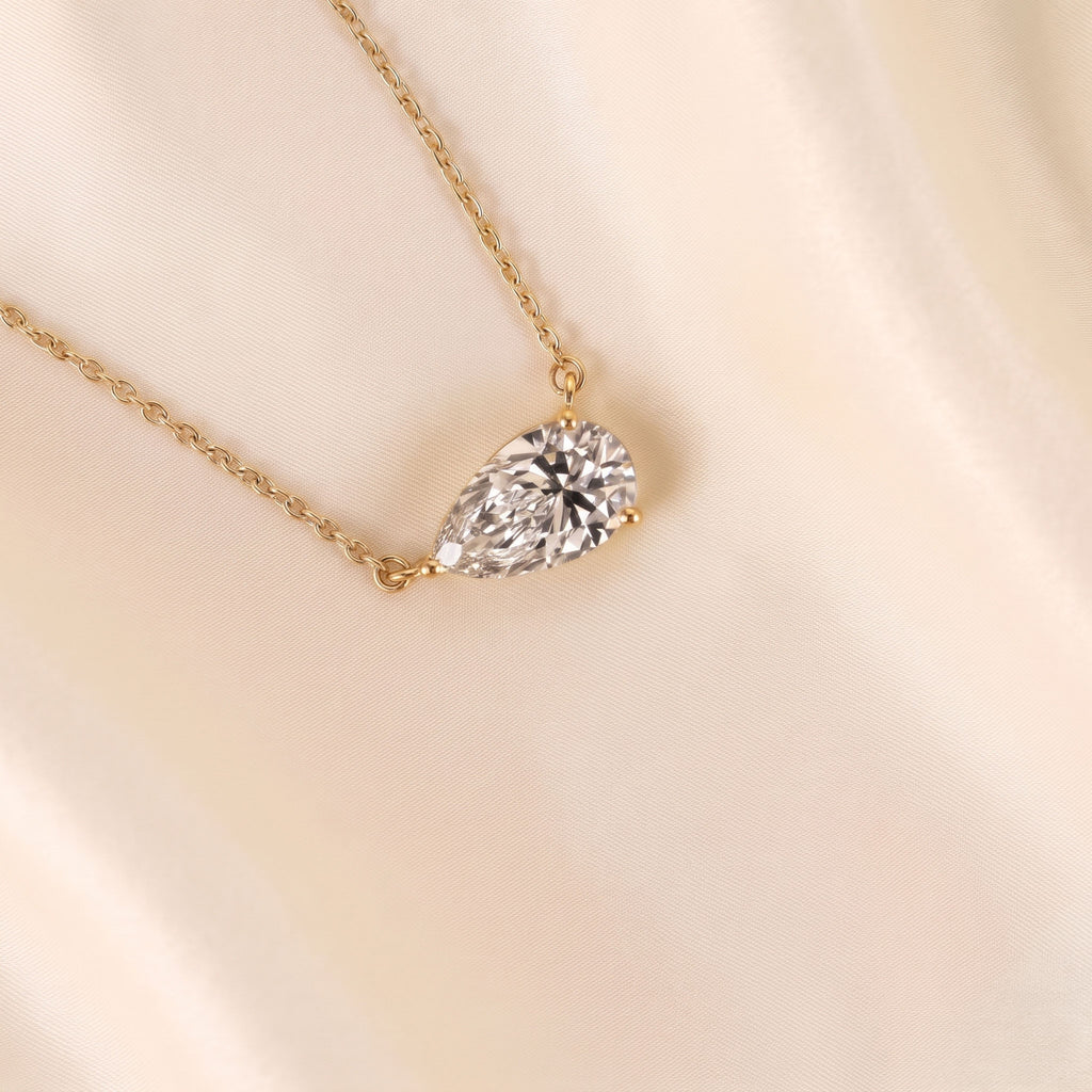 East West Solitaire Pear Cut Necklace In With Chain 18K Yellow Gold 2 CTW
