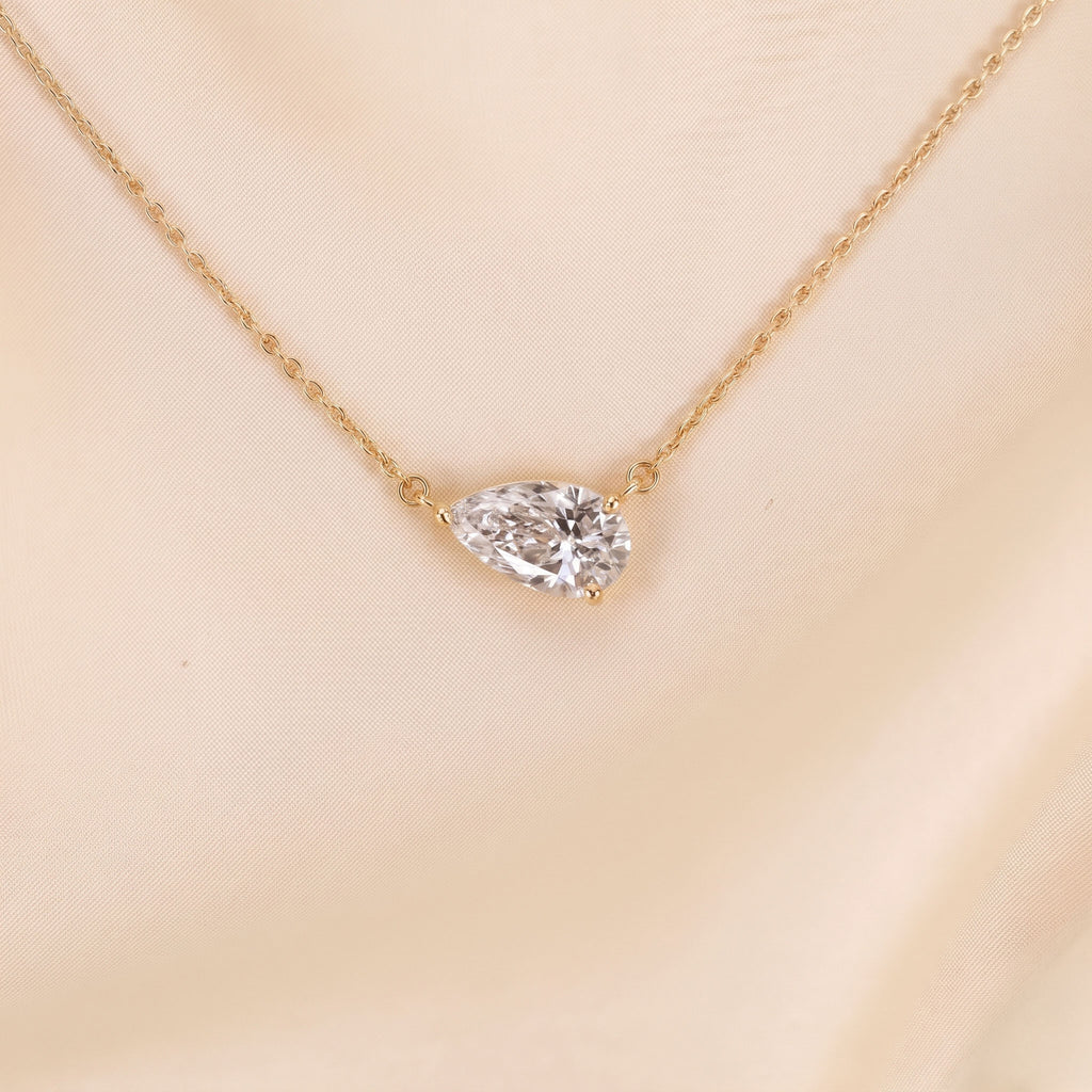 East West Solitaire Pear Cut Necklace In With Chain 18K Yellow Gold 2 CTW