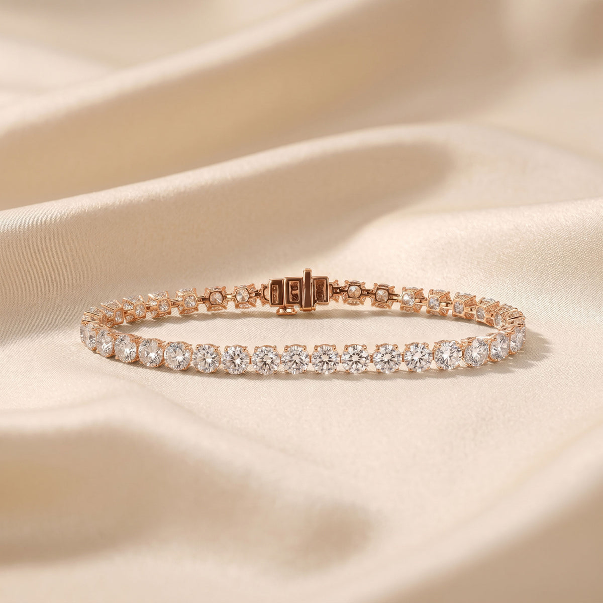 Elongated Four Prong Round Tennis Bracelet Lab Grown Diamonds 10K Rose Gold 16 CTW