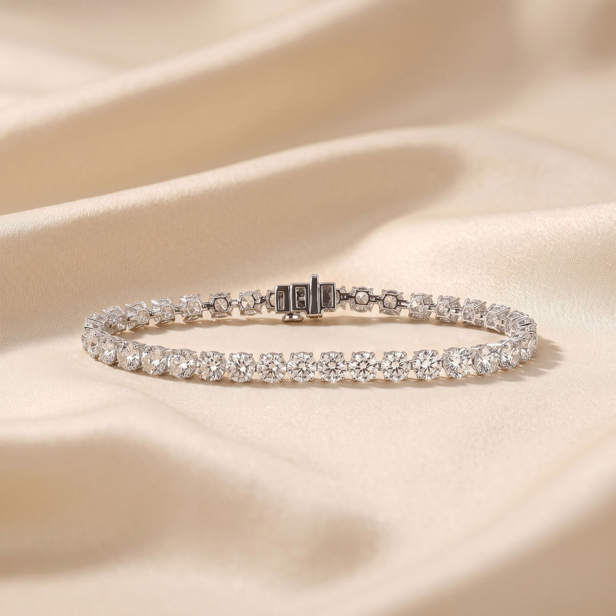 Elongated Four Prong Round Tennis Bracelet Lab Grown Diamonds 10K White Gold 16 CTW