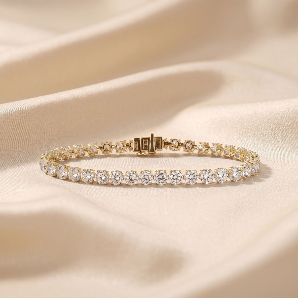 Elongated Four Prong Round Tennis Bracelet Lab Grown Diamonds 10K Yellow Gold 16 CTW