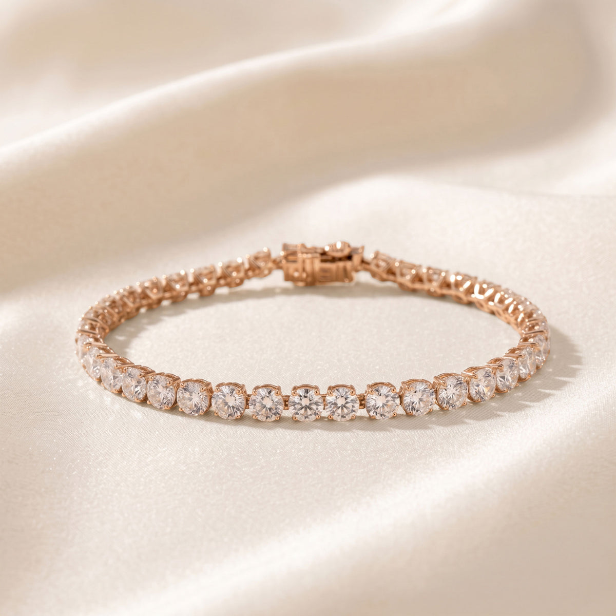 Elongated Four Prong Round Tennis Bracelet Lab Grown Diamonds 14K Rose Gold 12 CTW