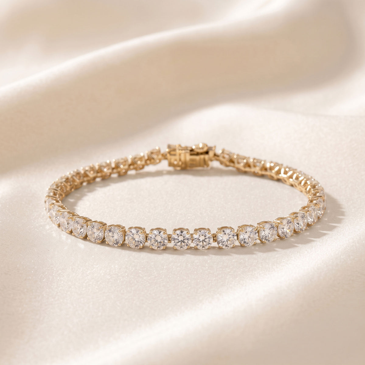 Elongated Four Prong Round Tennis Bracelet Lab Grown Diamonds 14K Yellow Gold 12 CTW