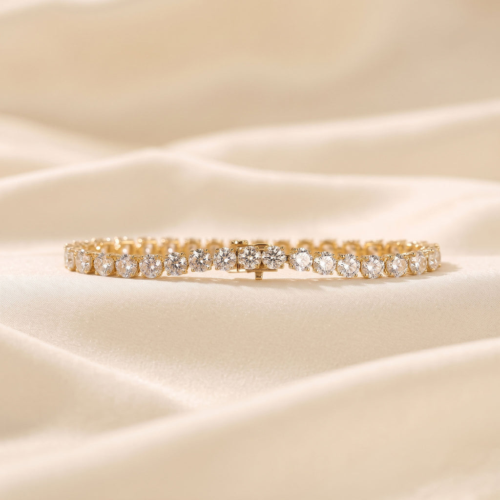 Elongated Four Prong Round Tennis Bracelet Lab Grown Diamonds 14K Yellow Gold 16 CTW
