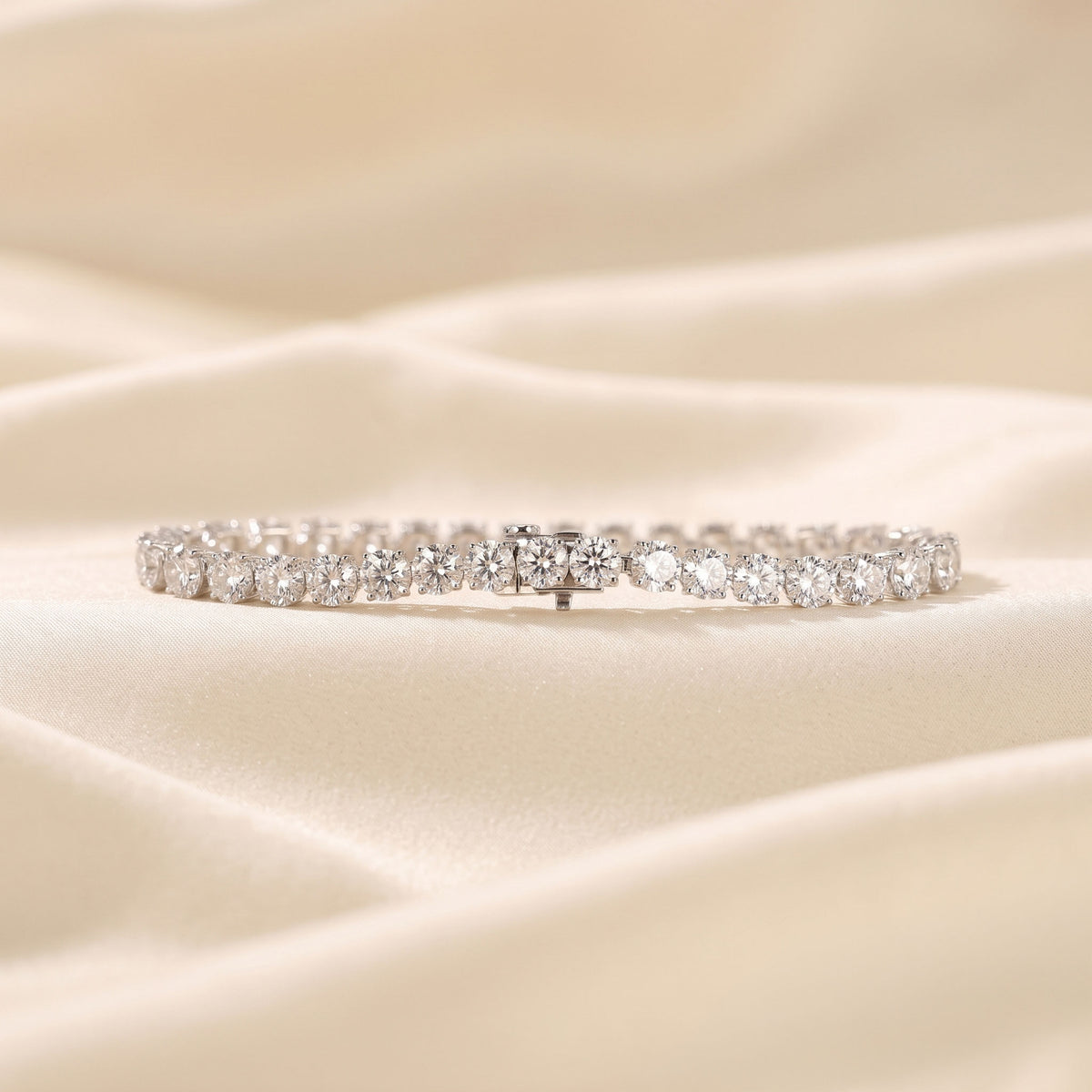 Elongated Four Prong Round Tennis Bracelet Lab Grown Diamonds 18K White Gold 16 CTW