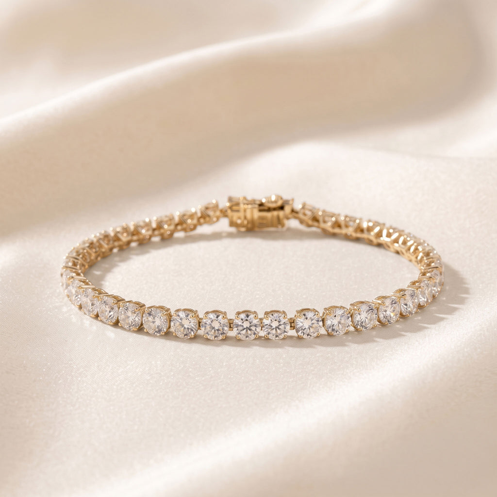 Elongated Four Prong Round Tennis Bracelet Lab Grown Diamonds 18K Yellow Gold 12 CTW