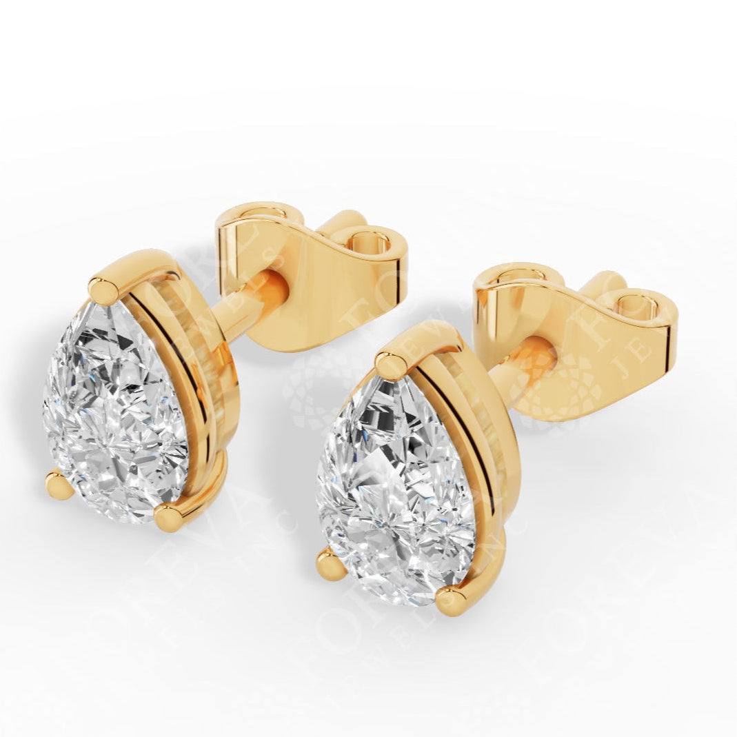Elongated Three Prong Pear Cut Solitaire Lab Grown Diamond Stud Earrings 18k yellow gold