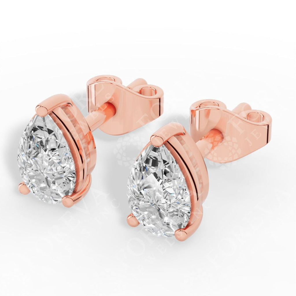 Elongated Three Prong Pear Cut Solitaire Lab Grown Diamond Stud Earrings 18k rose gold