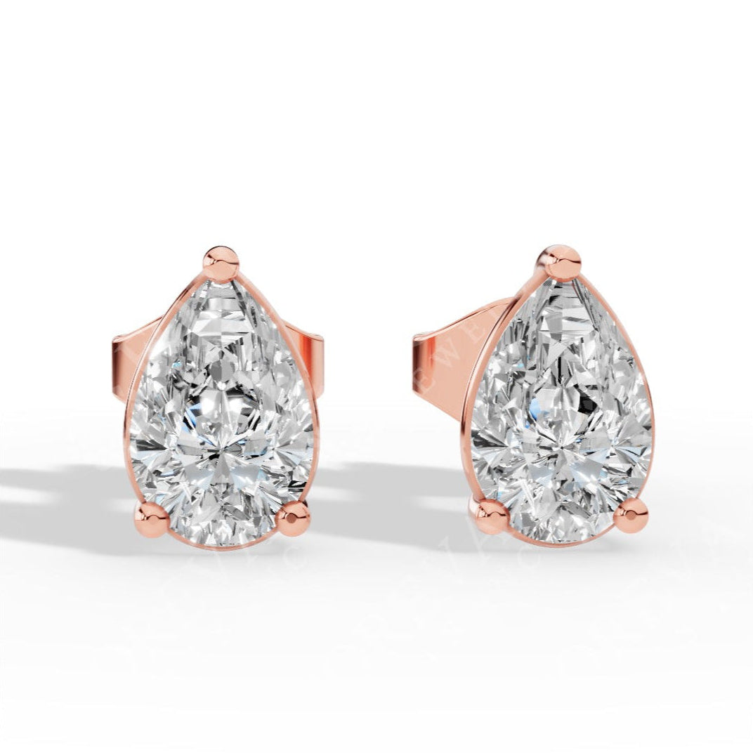 Elongated Three Prong Pear Cut Solitaire Lab Grown Diamond Stud Earrings rose gold