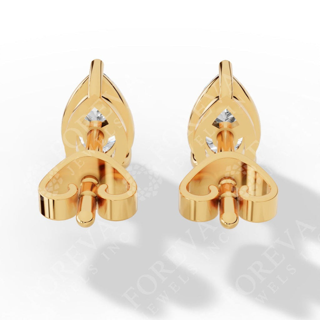 Elongated Three Prong Pear Cut Solitaire Lab Grown Diamond Stud Earrings yellow gold back