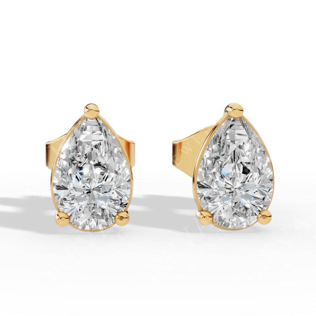 Elongated Three Prong Pear Cut Solitaire Lab Grown Diamond Stud Earrings yellow gold