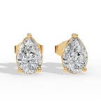 Elongated Three Prong Pear Cut Solitaire Lab Grown Diamond Stud Earrings yellow gold