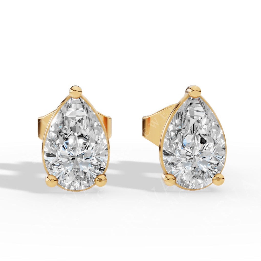 Elongated Three Prong Pear Cut Solitaire Lab Grown Diamond Stud Earrings yellow gold