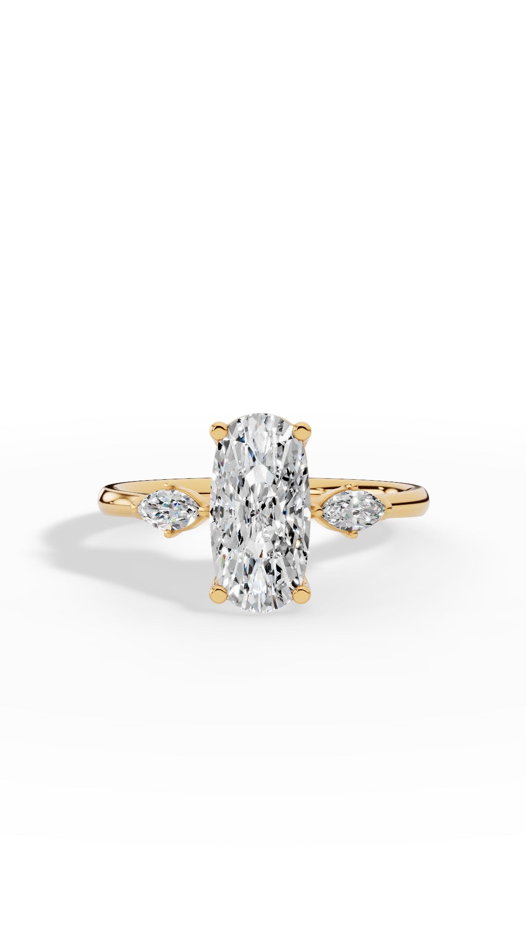 Elongated Three Stone Oval & Marquise Cut Engagement Ring 10K Yellow Gold 2.2 CTW