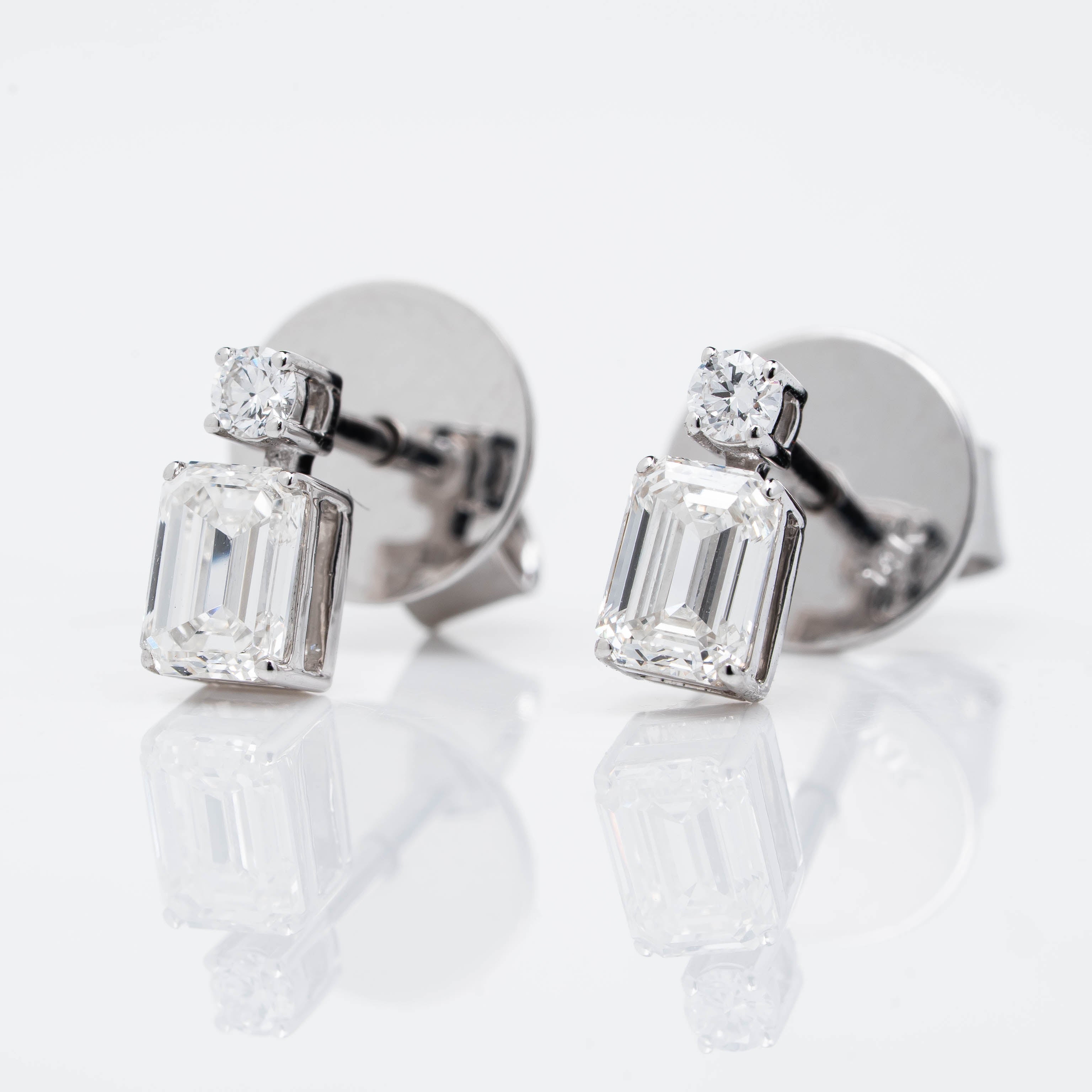 Emerald & Brilliant Round Cut Two Stone Lab Grown Diamond Stud Earrings