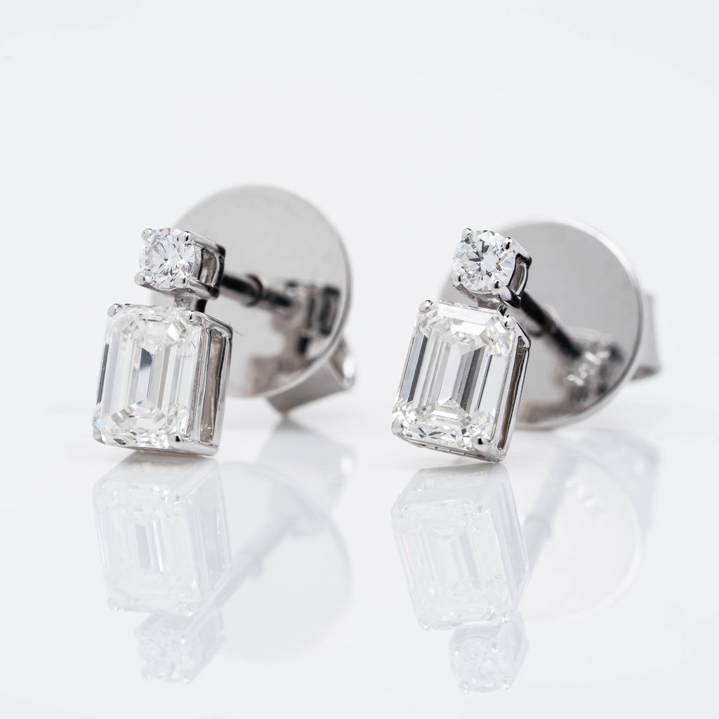 Emerald & Brilliant Round Cut Two Stone Lab Grown Diamond Stud Earrings