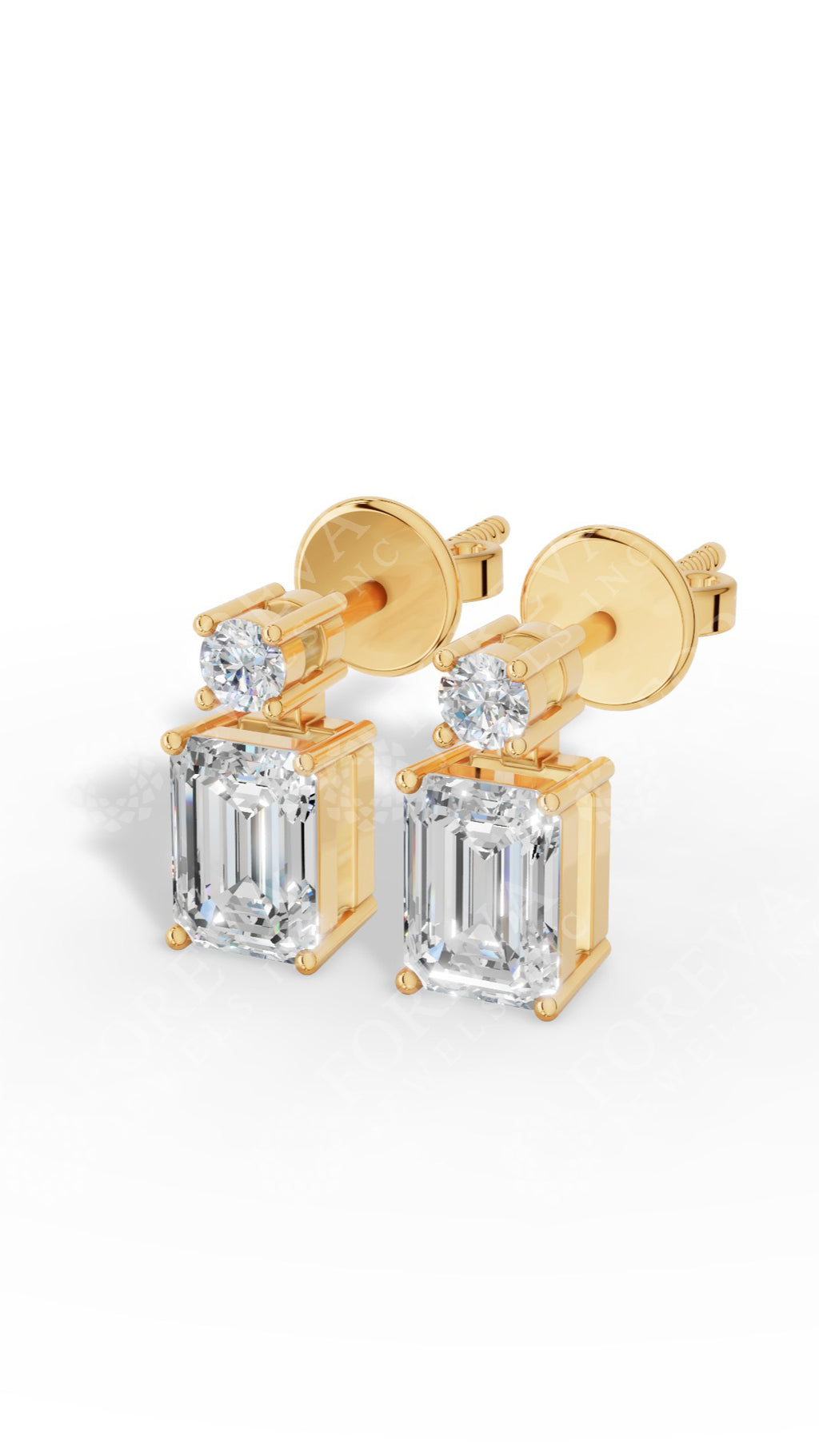 Emerald & Brilliant Round Cut Two Stone Stud Earrings 18K Yellow Gold 0.6 CTW