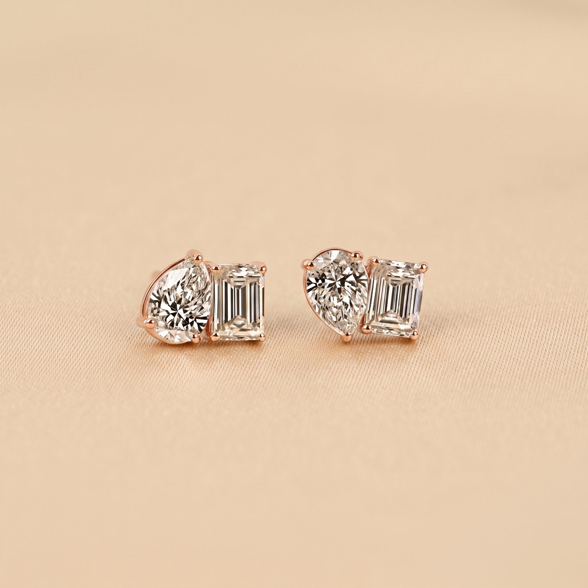 Emerald & Pear Lab Grown Diamond Toi et Moi Stud Earrings in 10K Rose Gold 1.70 CTW