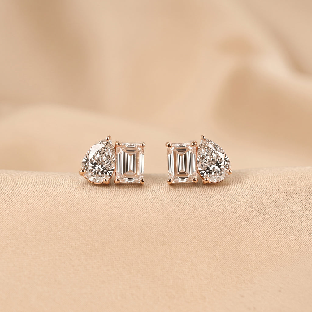 Emerald & Pear Lab Grown Diamond Toi et Moi Stud Earrings in 10K Rose Gold 1.70 CTW