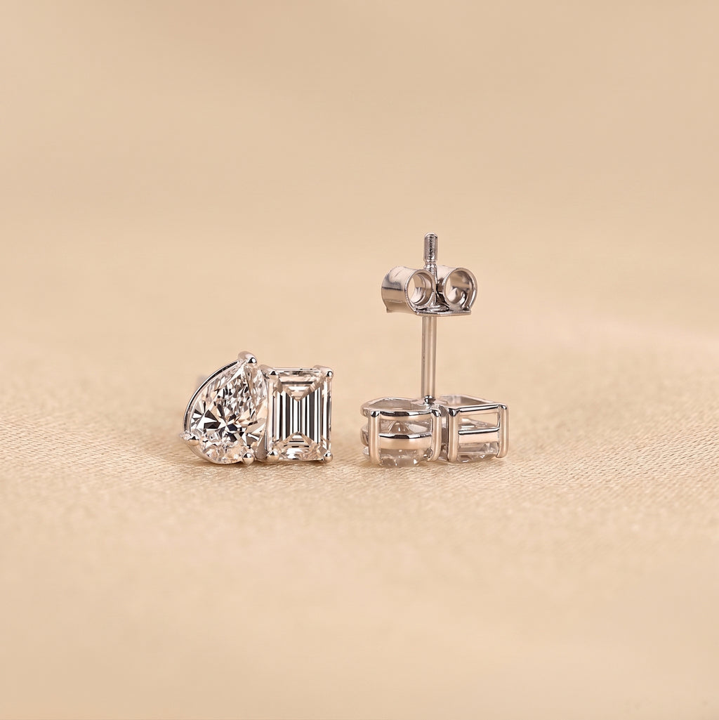 Emerald & Pear Lab Grown Diamond Toi et Moi Stud Earrings in 10K White Gold 1.70 CTW