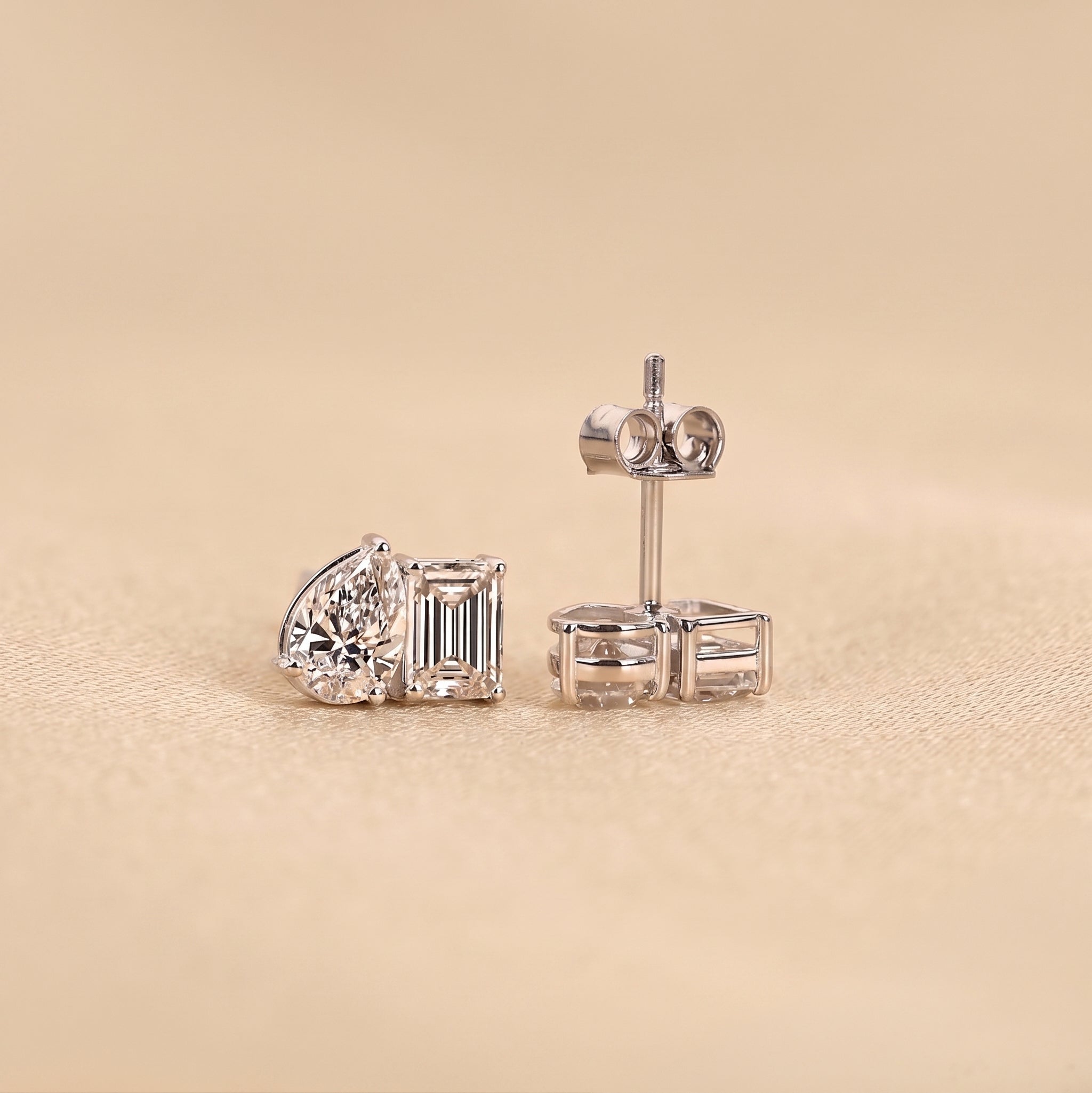 Emerald & Pear Lab Grown Diamond Toi et Moi Stud Earrings in 10K White Gold 1.70 CTW