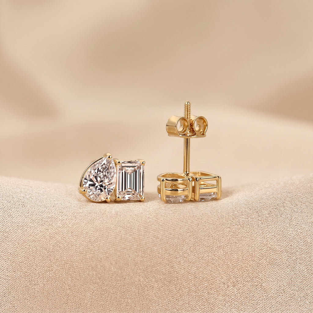Emerald & Pear Lab Grown Diamond Toi et Moi Stud Earrings in 10K Yellow Gold 1.70 CTW