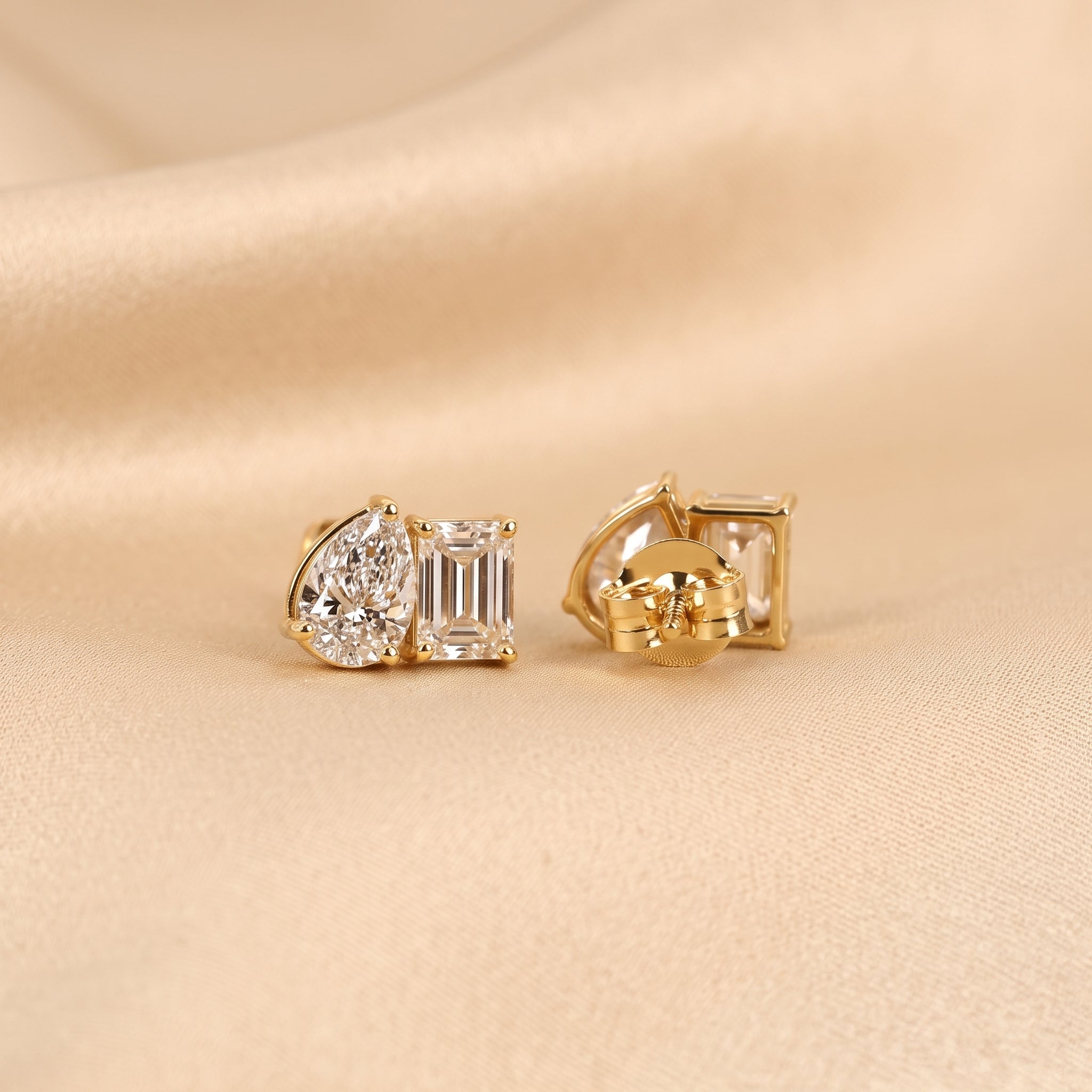 Emerald & Pear Lab Grown Diamond Toi et Moi Stud Earrings in 10K Yellow Gold 1.70 CTW