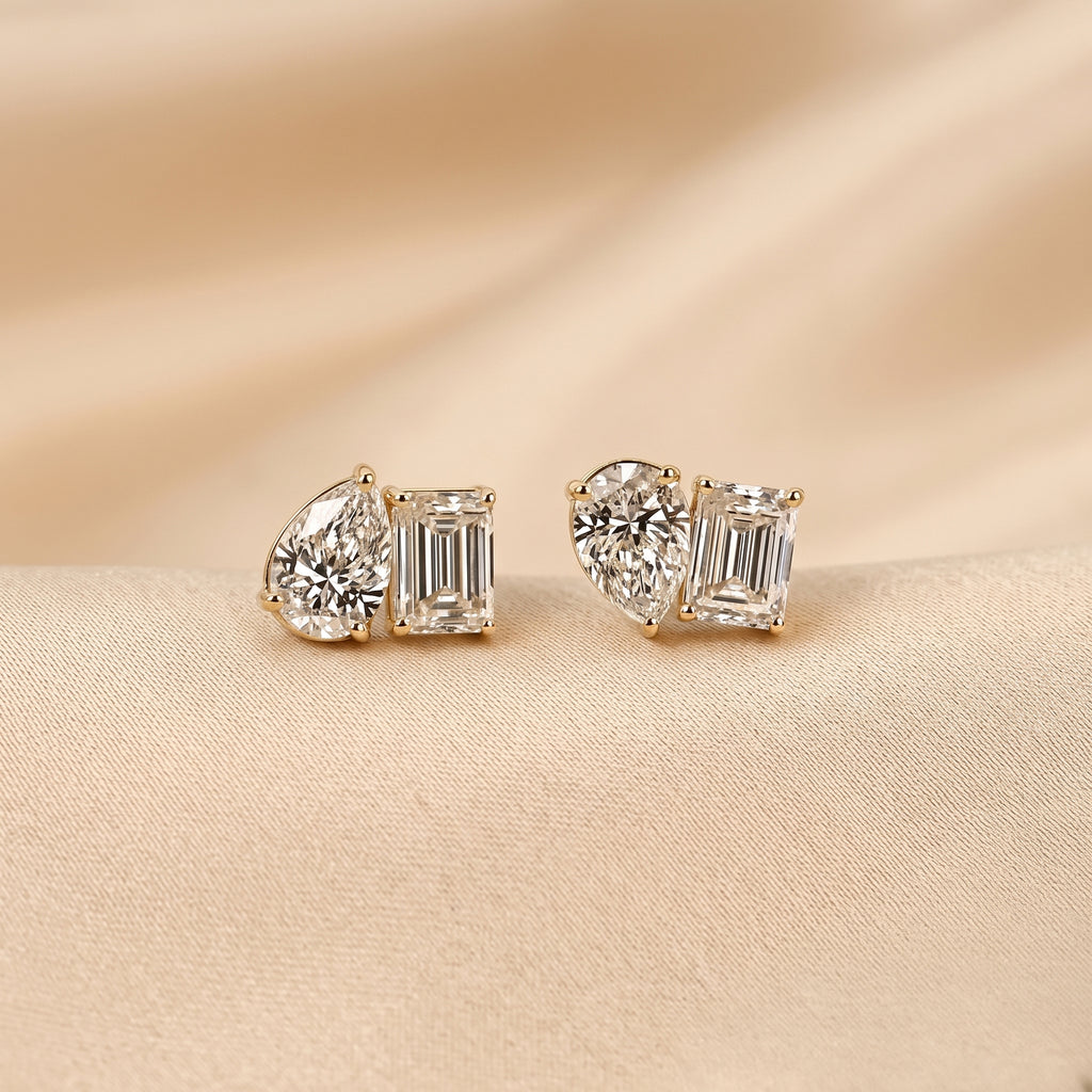 Emerald & Pear Lab Grown Diamond Toi et Moi Stud Earrings in 10K Yellow Gold 1.70 CTW