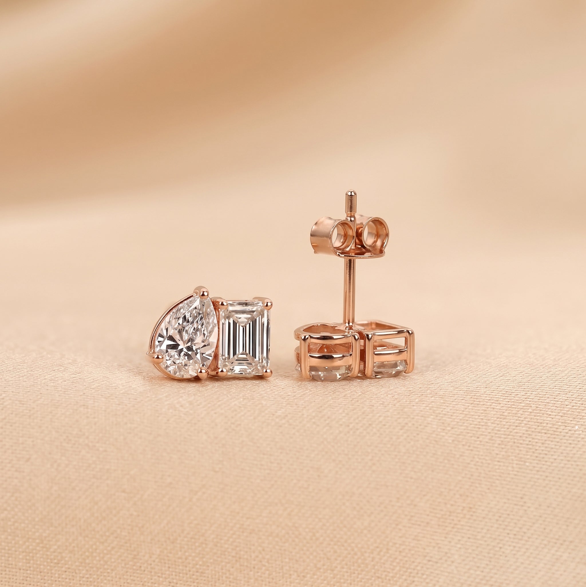 Emerald & Pear Lab Grown Diamond Toi et Moi Stud Earrings in 14K Rose Gold 1.70 CTW