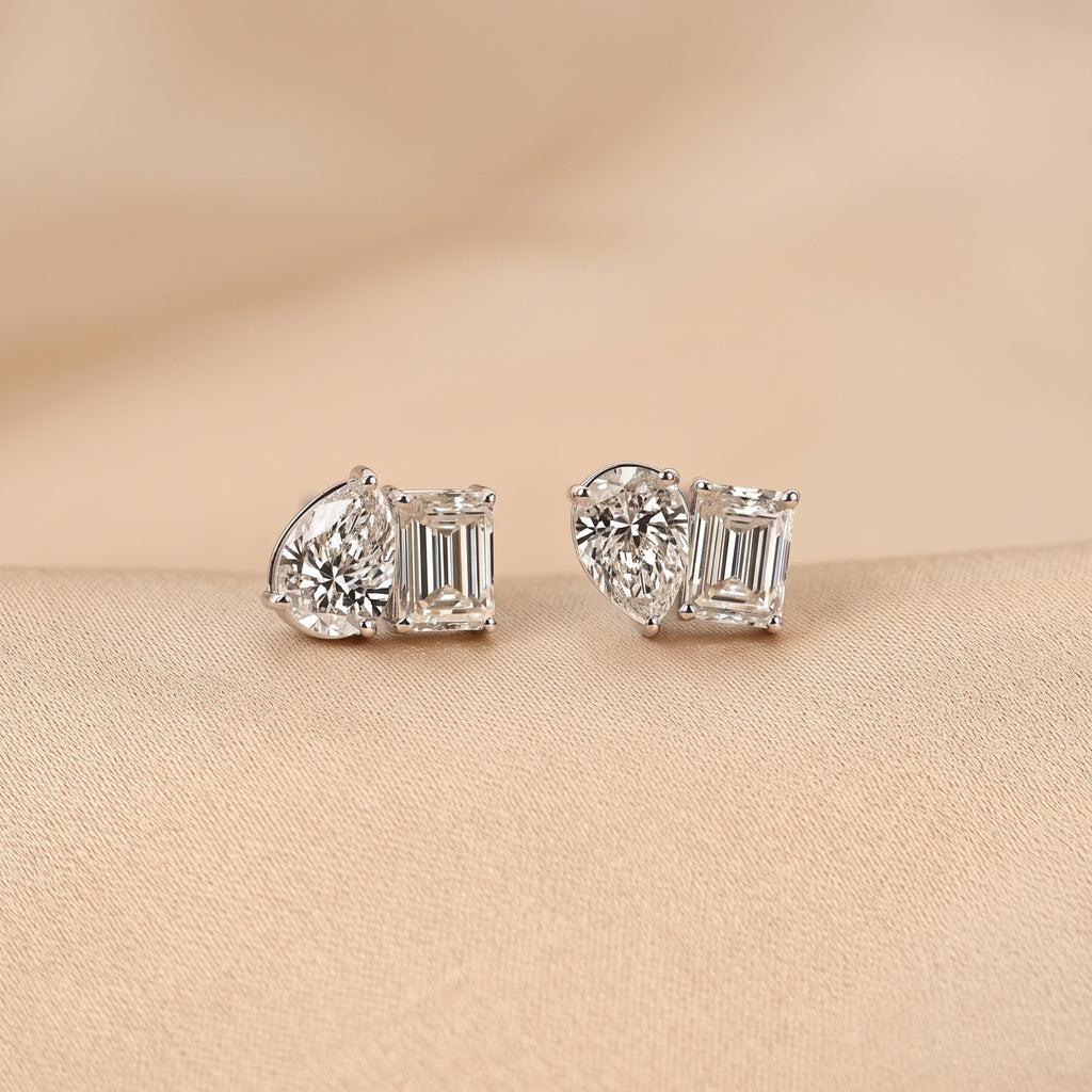 Emerald & Pear Lab Grown Diamond Toi et Moi Stud Earrings in 14K White Gold 1.70 CTW