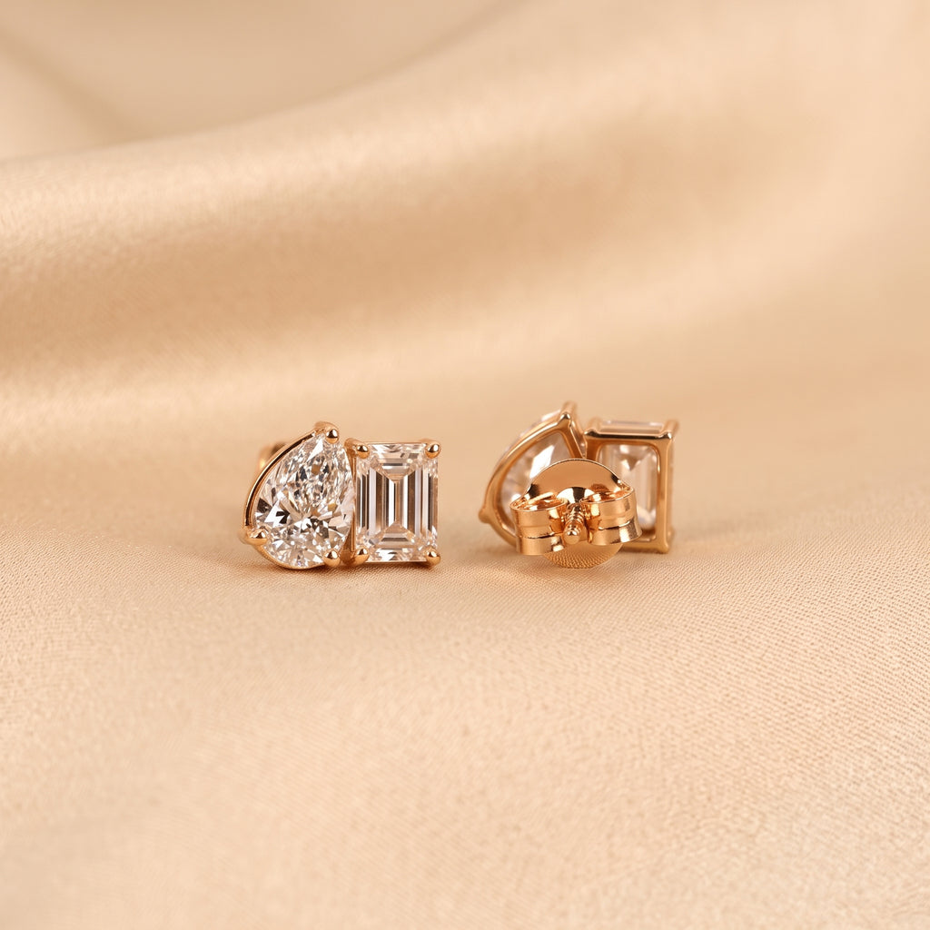 Emerald & Pear Lab Grown Diamond Toi et Moi Stud Earrings in 18K Rose Gold 1.70 CTW