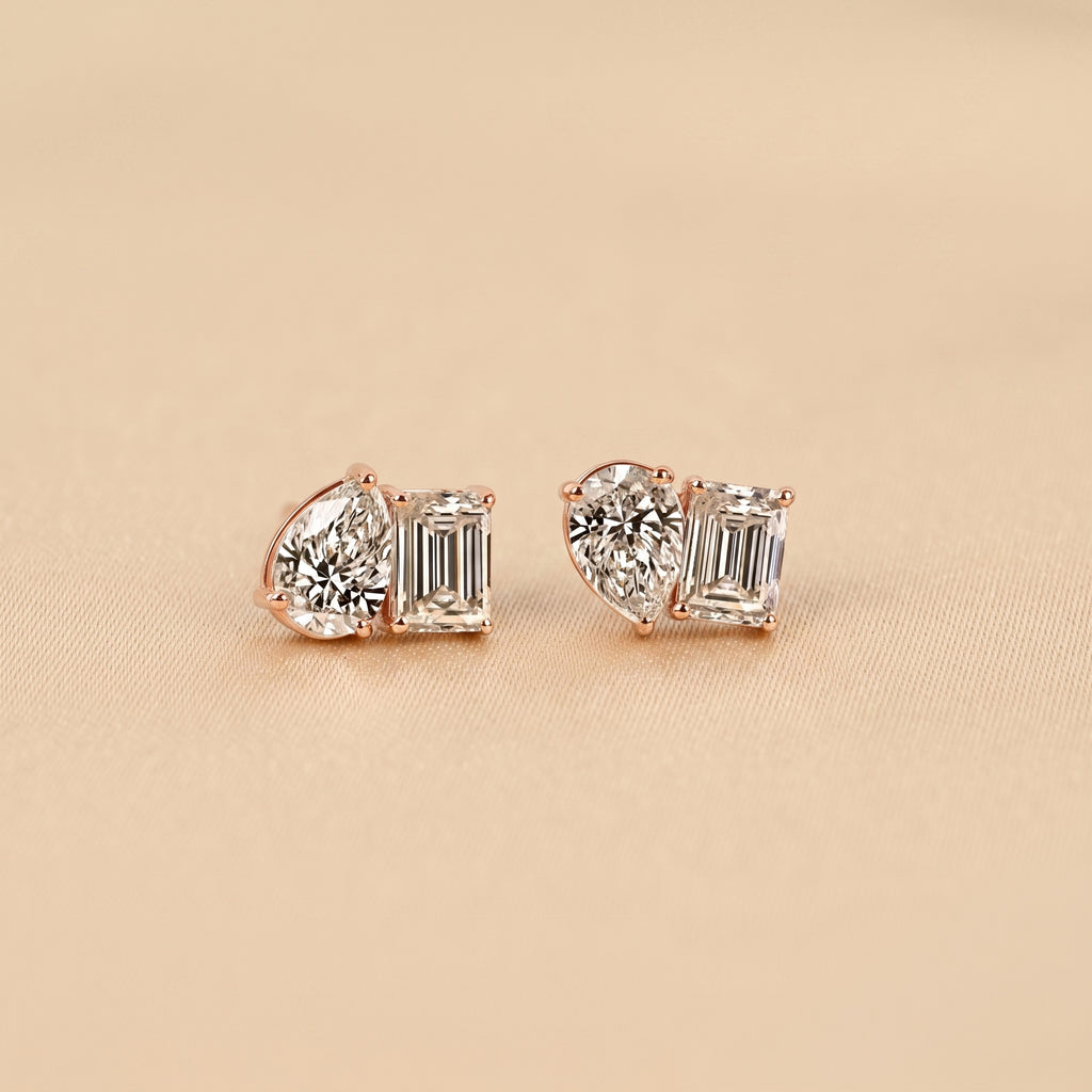 Emerald & Pear Lab Grown Diamond Toi et Moi Stud Earrings in 18K Rose Gold 1.70 CTW