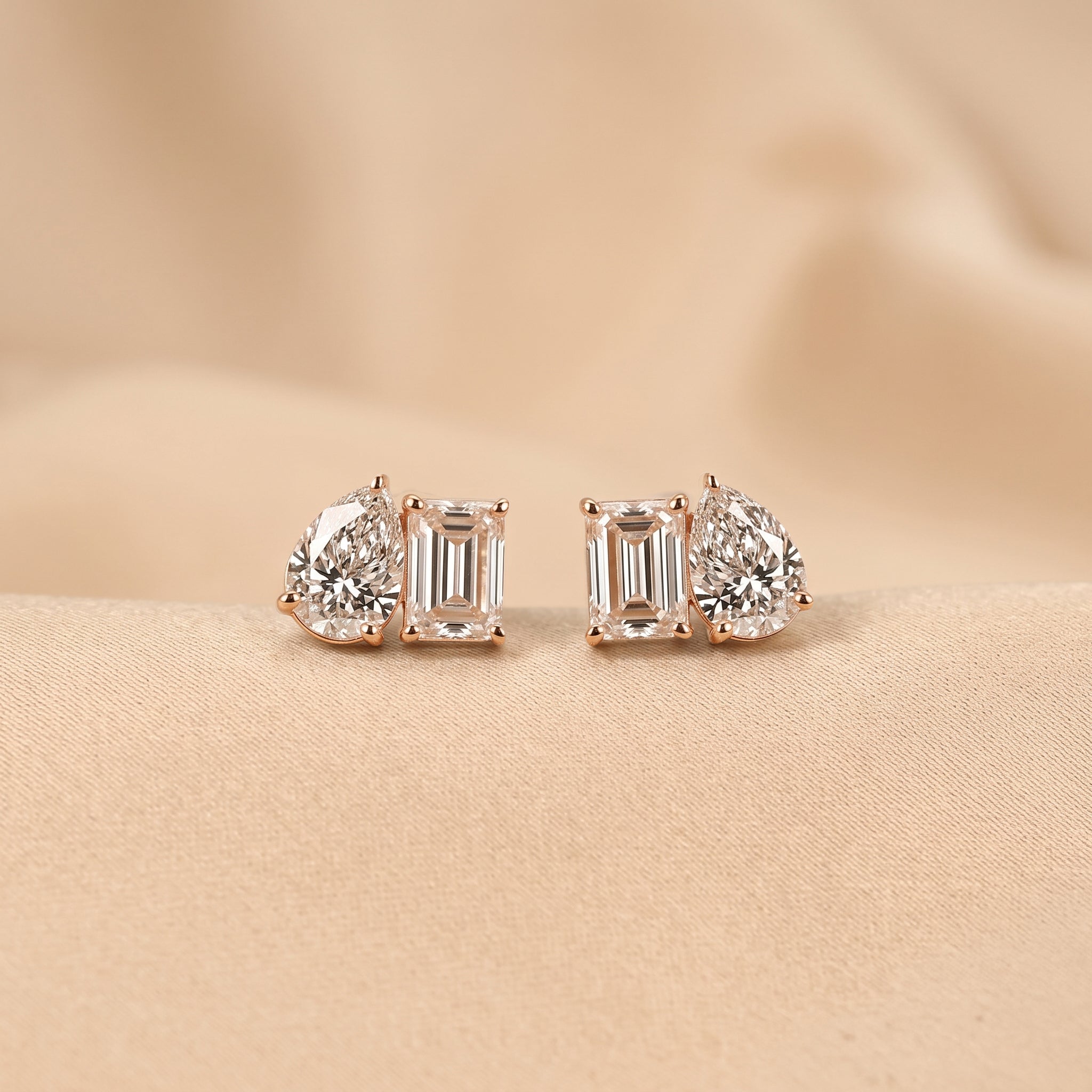 Emerald & Pear Lab Grown Diamond Toi et Moi Stud Earrings in 18K Rose Gold 1.70 CTW