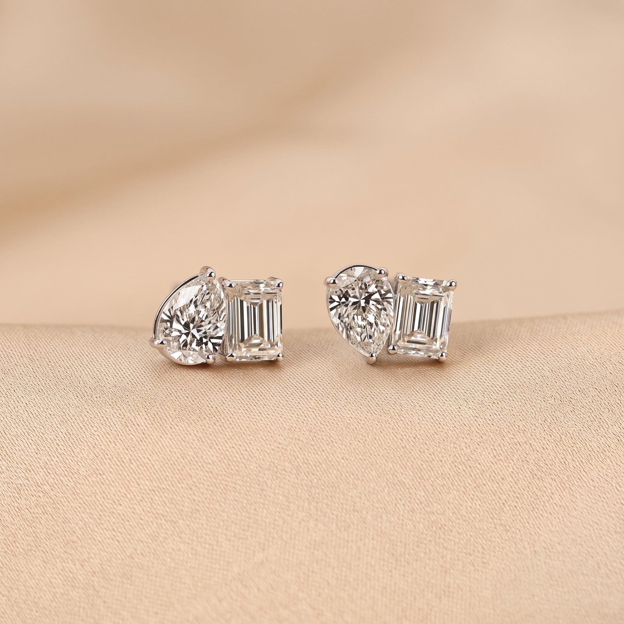 Emerald & Pear Lab Grown Diamond Toi et Moi Stud Earrings in 18K White Gold 1.70 CTW
