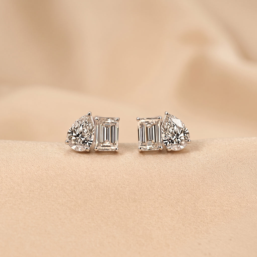 Emerald & Pear Lab Grown Diamond Toi et Moi Stud Earrings in 18K White Gold 1.70 CTW