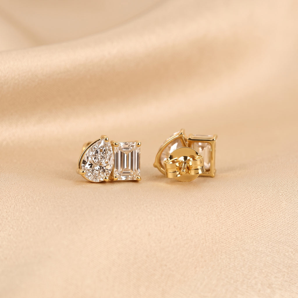 Emerald & Pear Lab Grown Diamond Toi et Moi Stud Earrings in 18K Yellow Gold 1.70 CTW