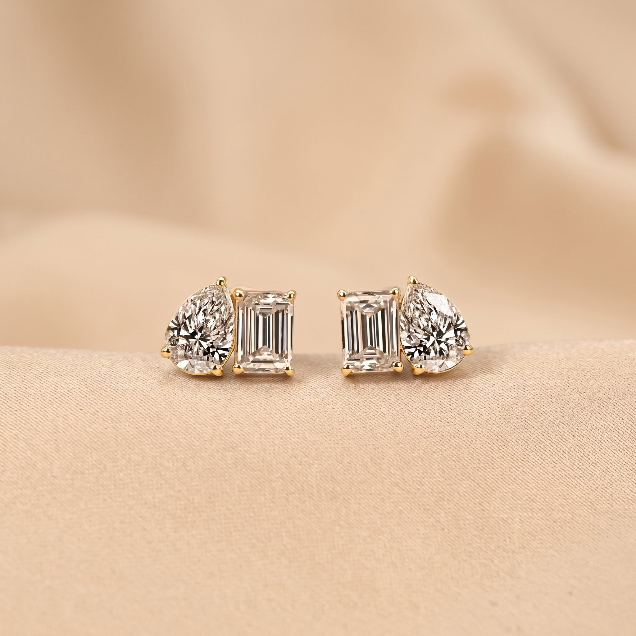 Emerald & Pear Lab Grown Diamond Toi et Moi Stud Earrings in 18K Yellow Gold 1.70 CTW