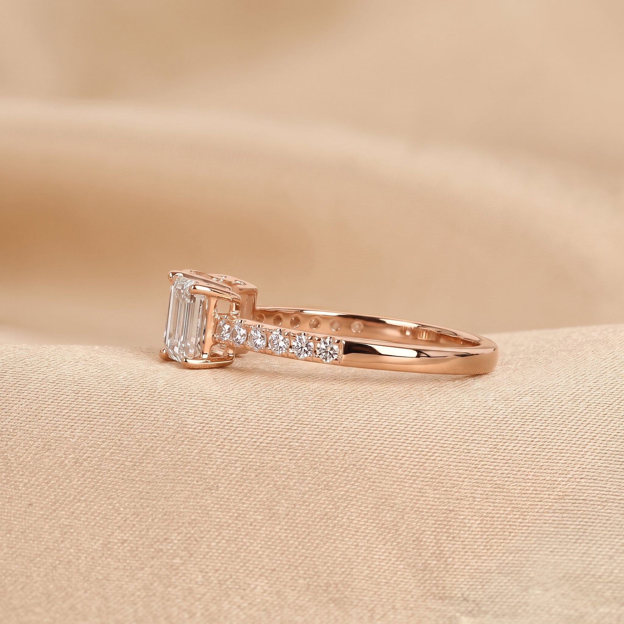 Emerald & Round Lab Grown Diamond Three-Stone Ring in 10K Rose Gold 1.65 CTW