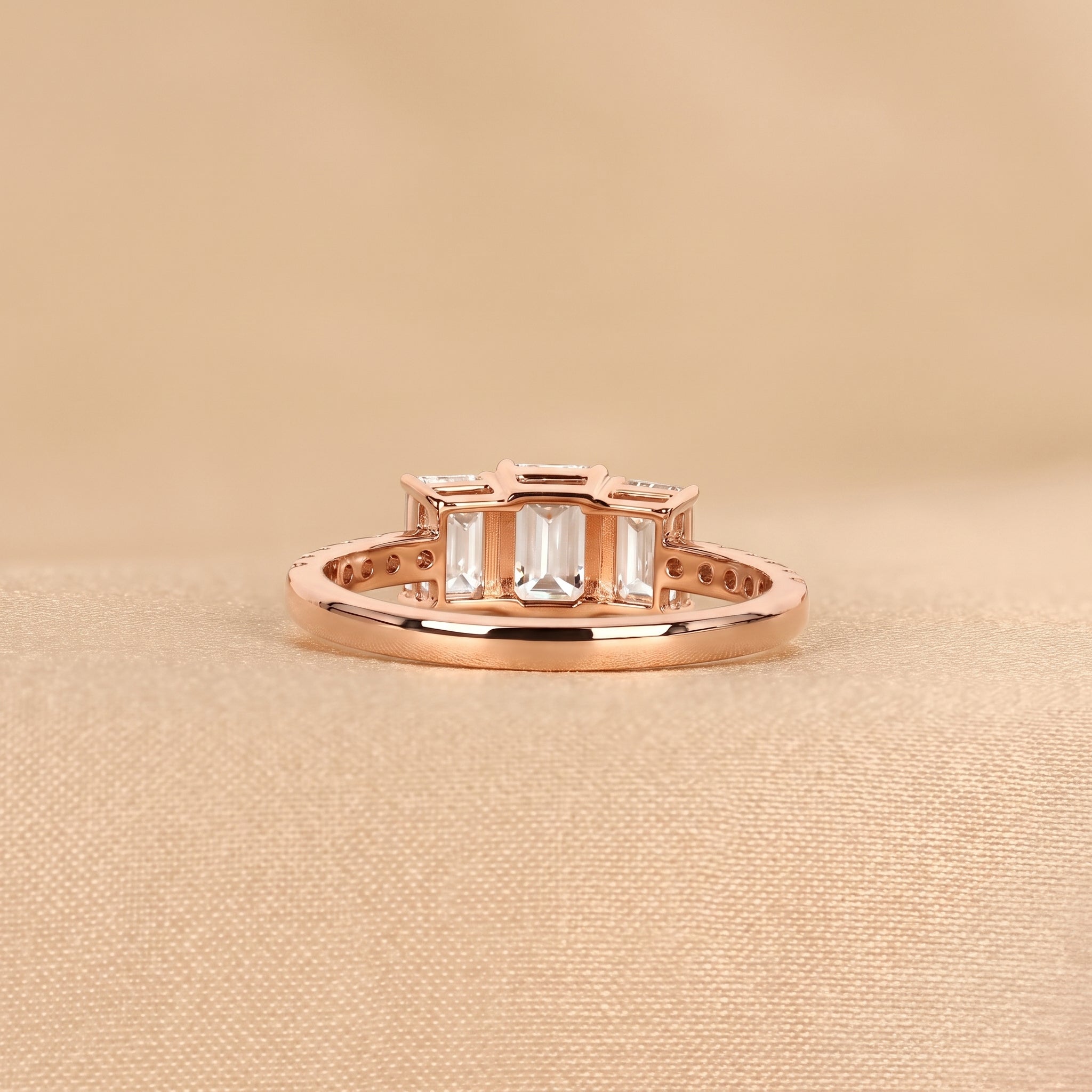 Emerald & Round Lab Grown Diamond Three-Stone Ring in 14K Rose Gold 1.65 CTW