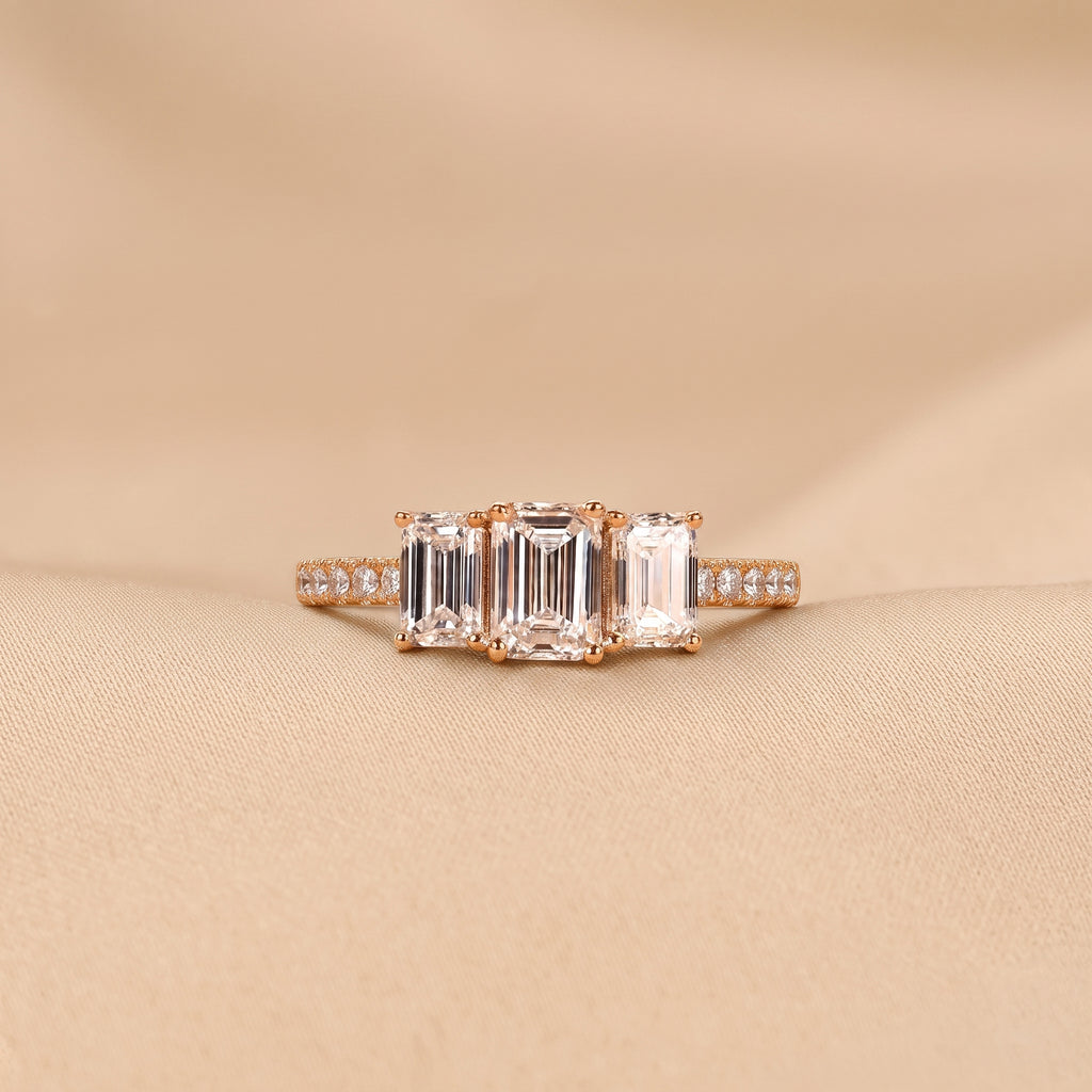 Emerald & Round Lab Grown Diamond Three-Stone Ring in 14K Rose Gold 1.65 CTW